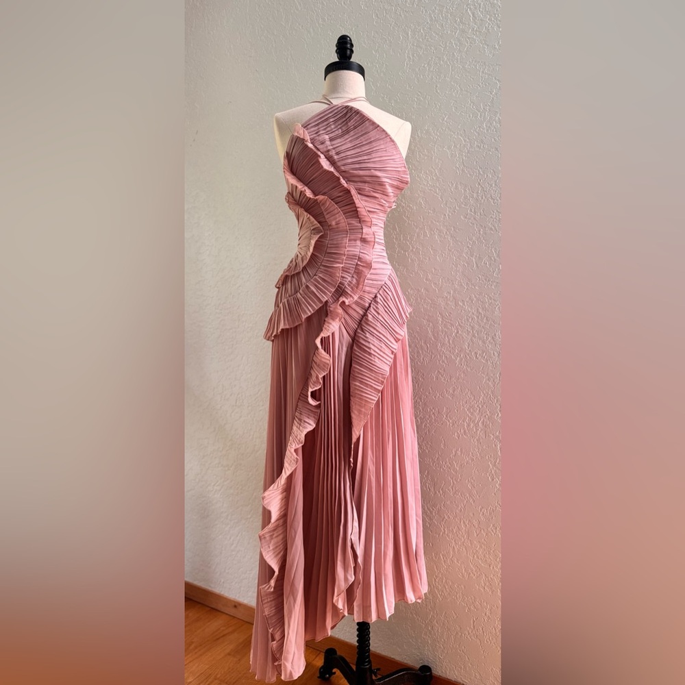 Margovil Strappy Halter Neck Ruffle Trim Asymmetric Hem Pleated Maxi Dress